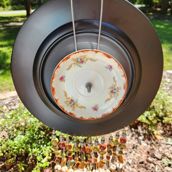 Red Brown Plate Dish Flower Windchime SunCatcher Ceramic Beads Tin Bells - Picture 3 of 4